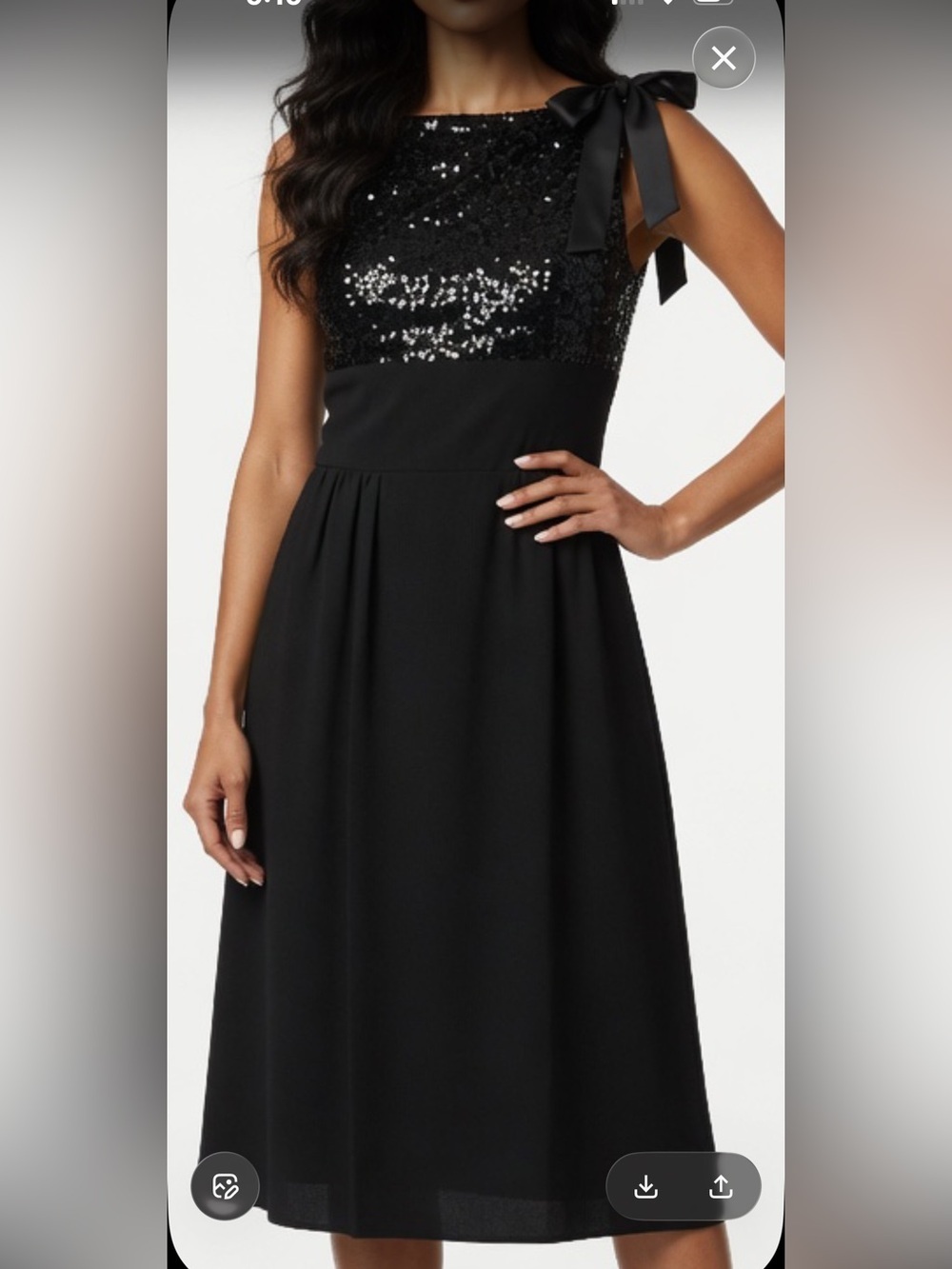 Vintage 60’s Pixie Black Sequin Bodice Midi Dress with Bow-Shoulder Detail S